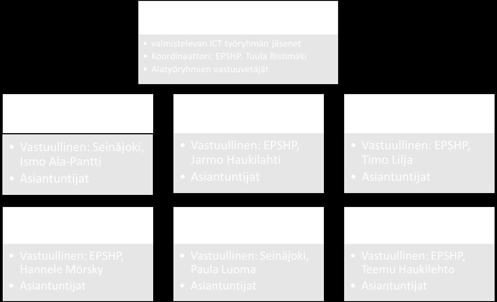 11 4.2 PROJEKTIRYHMÄ JA ALATYÖRYHMÄT EPSOTE ICT-työryhmää varten perustetaan projektiryhmä ja kuusi alatyöryhmää.