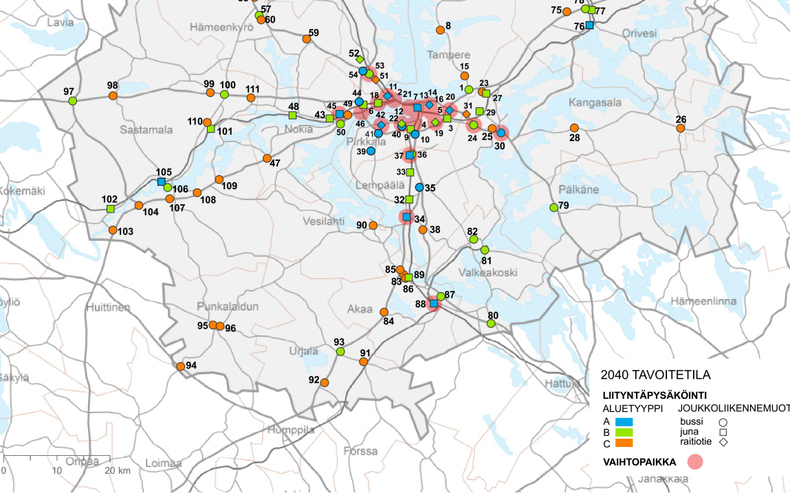 Pirkanmaan maakuntakaava 2040 Suunnitteluperiaatteet Esitetyt liityntäpysäköinti- ja vaihtopaikkamerkinnät pohjautuvat Joukkoliikenteen vaihtopaikat ja liityntäpysäköinti Pirkanmaalla -selvityksen