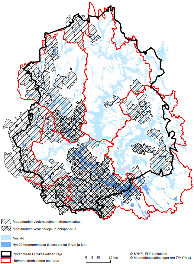 Kaavaselostus, MKH 14.3.2016 Kuva 39. Pirkanmaan vesienhoidon toimenpideohjelmassa 2016 2020 on nostettu esille vesiensuojelun tehostamisalueita. Kyseiset alueet on osoitettu kartassa rasteroinnilla.