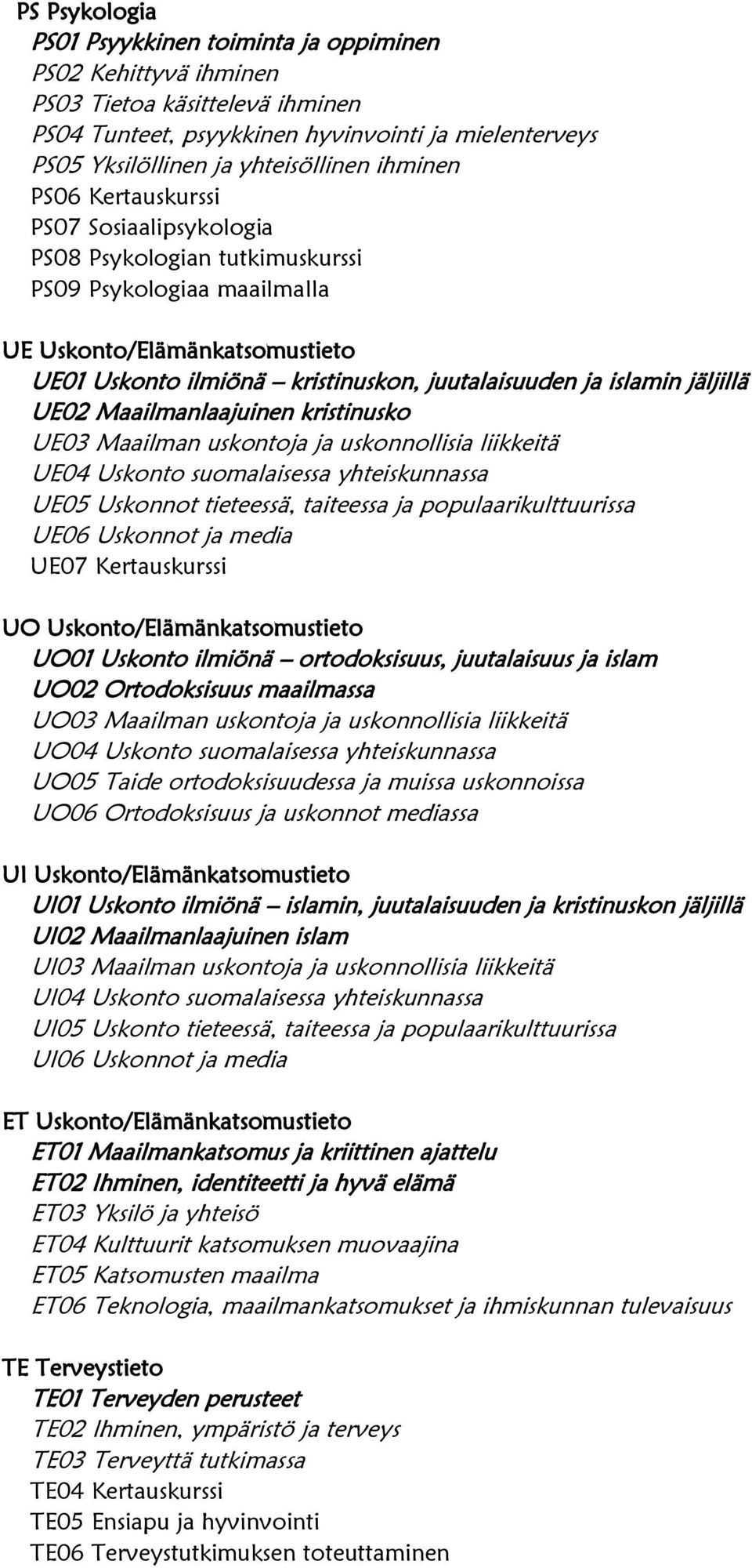 islamin jäljillä UE02 Maailmanlaajuinen kristinusko UE03 Maailman uskontoja ja uskonnollisia liikkeitä UE04 Uskonto suomalaisessa yhteiskunnassa UE05 Uskonnot tieteessä, taiteessa ja