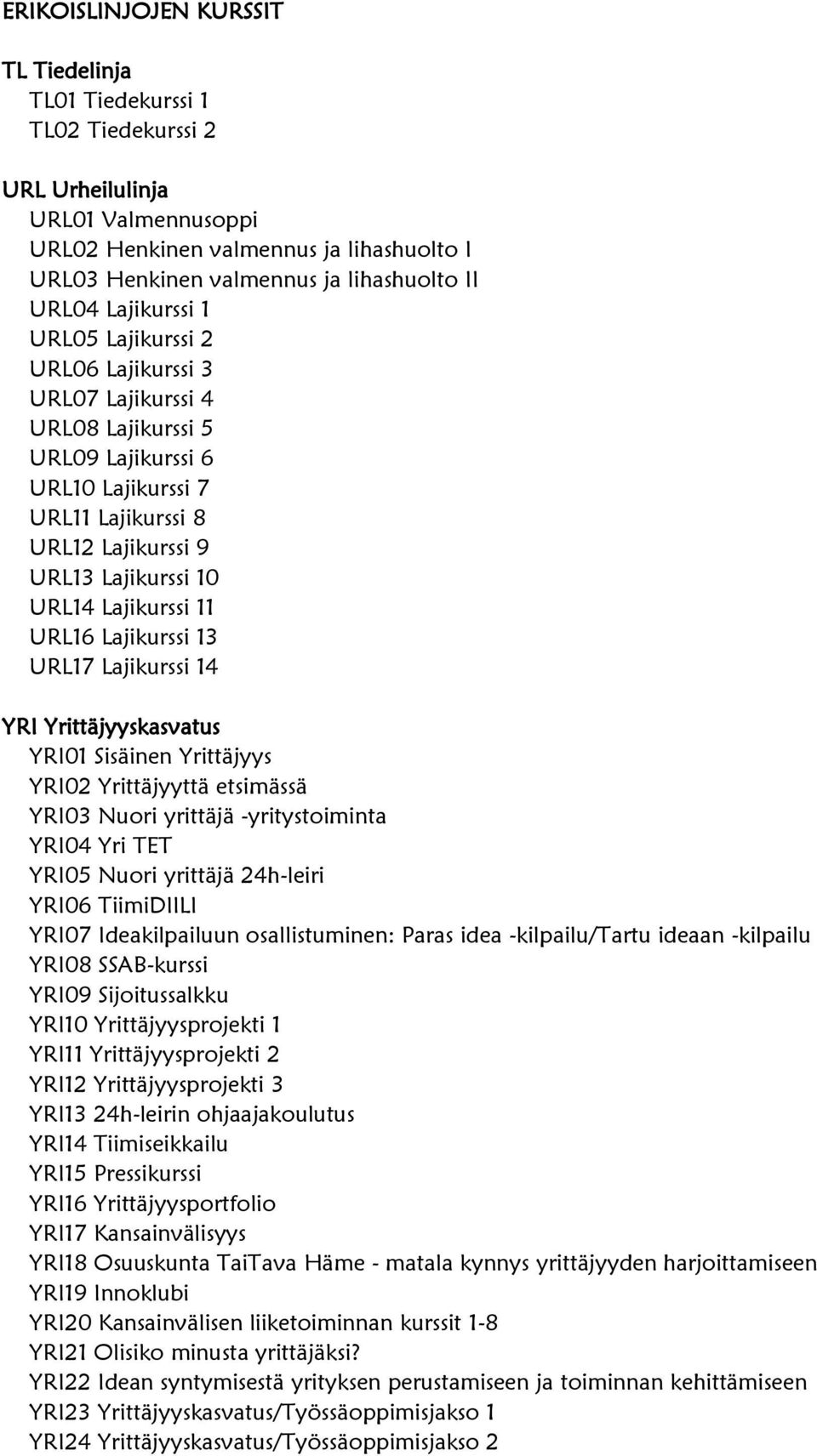 Lajikurssi 11 URL16 Lajikurssi 13 URL17 Lajikurssi 14 YRI Yrittäjyyskasvatus YRI01 Sisäinen Yrittäjyys YRI02 Yrittäjyyttä etsimässä YRI03 Nuori yrittäjä -yritystoiminta YRI04 Yri TET YRI05 Nuori