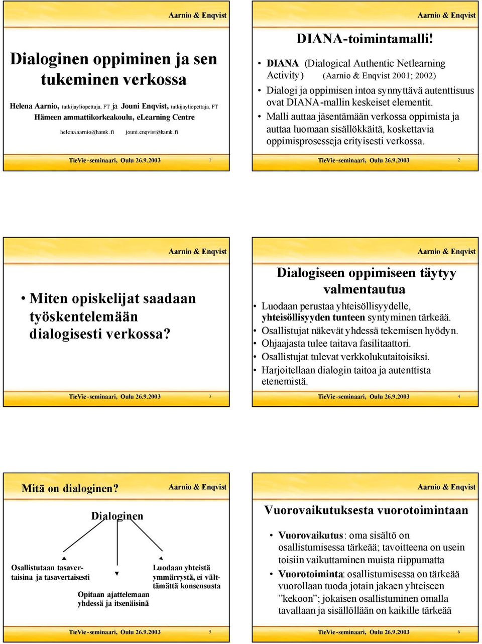 Malli auttaa jäsentämään verkossa oppimista ja auttaa luomaan sisällökkäitä, koskettavia oppimisprosesseja erityisesti verkossa. 1 2 Miten opiskelijat saadaan työskentelemään dialogisesti verkossa?