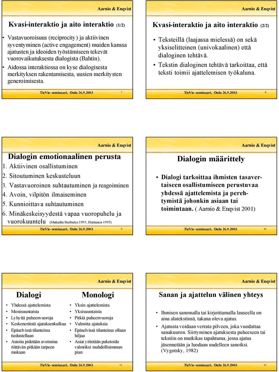 Kvasi-interaktio ja aito interaktio (2/2) Teksteillä (laajassa mielessä) on sekä yksiselitteinen (univokaalinen) että dialoginen tehtävä.