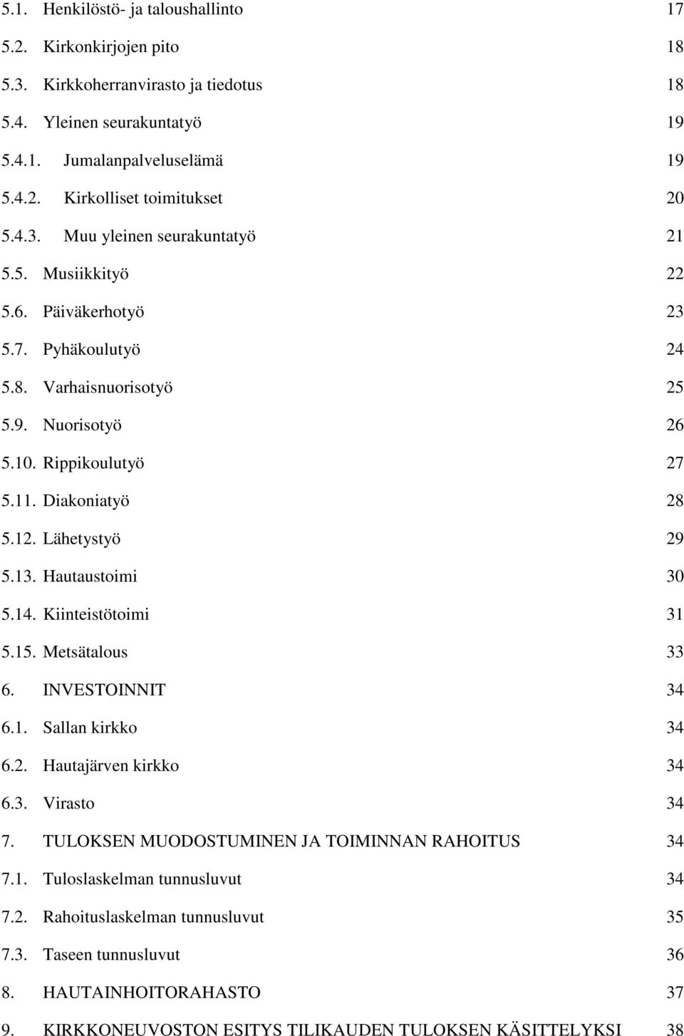 Lähetystyö 29 5.13. Hautaustoimi 30 5.14. Kiinteistötoimi 31 5.15. Metsätalous 33 6. INVESTOINNIT 34 6.1. Sallan kirkko 34 6.2. Hautajärven kirkko 34 6.3. Virasto 34 7.