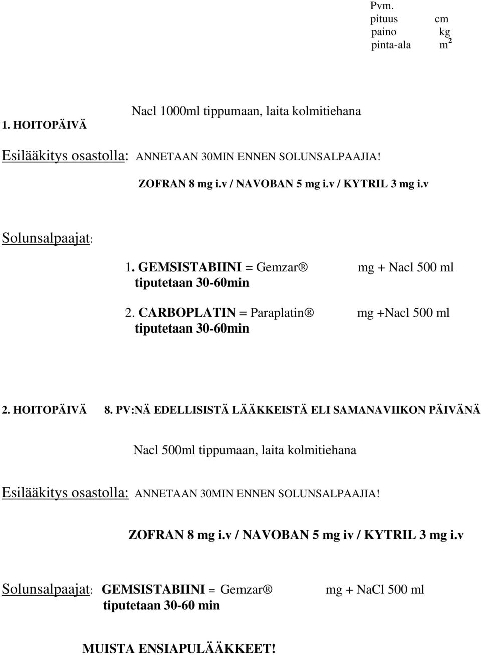 CARBOPLATIN = Paraplatin mg +Nacl 500 ml tiputetaan 30-60min 2. HOITOPÄIVÄ 8.