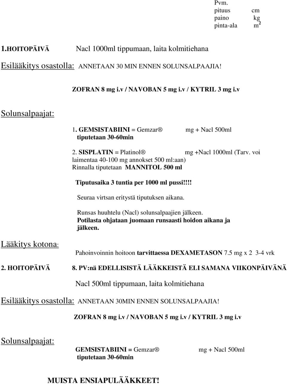 voi laimentaa 40-100 mg annokset 500 ml:aan) Rinnalla tiputetaan MANNITOL 500 ml Tiputusaika 3 tuntia per 1000 ml pussi!!!! Seuraa virtsan eritystä tiputuksen aikana.