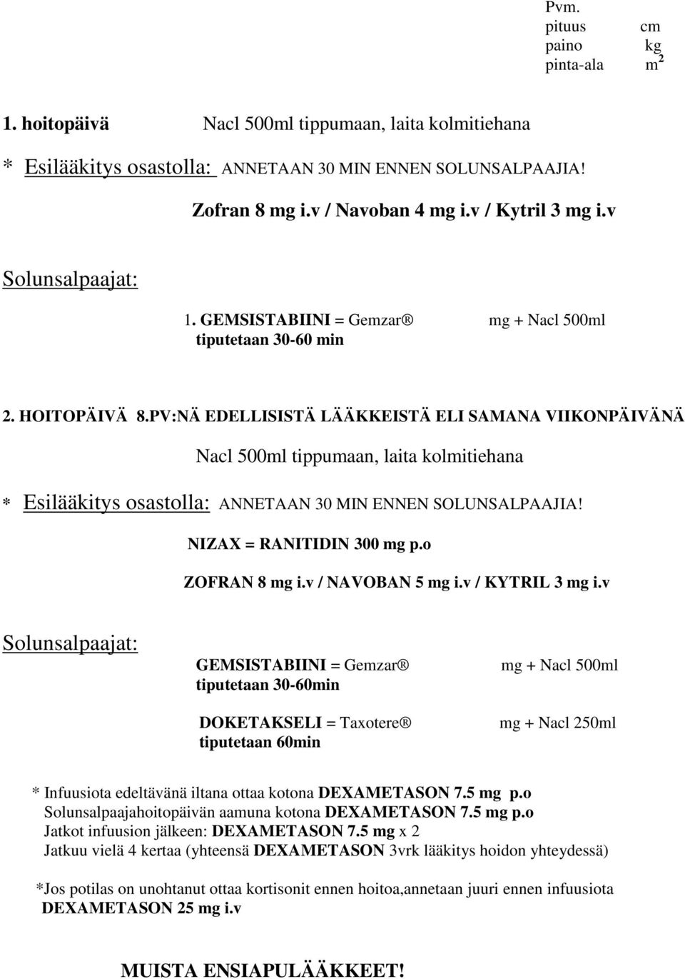 PV:NÄ EDELLISISTÄ LÄÄKKEISTÄ ELI SAMANA VIIKONPÄIVÄNÄ Nacl 500ml tippumaan, laita kolmitiehana * Esilääkitys osastolla: ANNETAAN 30 MIN ENNEN SOLUNSALPAAJIA! NIZAX = RANITIDIN 300 mg p.