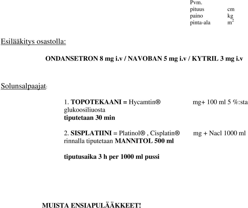 TOPOTEKAANI = Hycamtin mg+ 100 ml 5 %:sta glukoosiliuosta tiputetaan