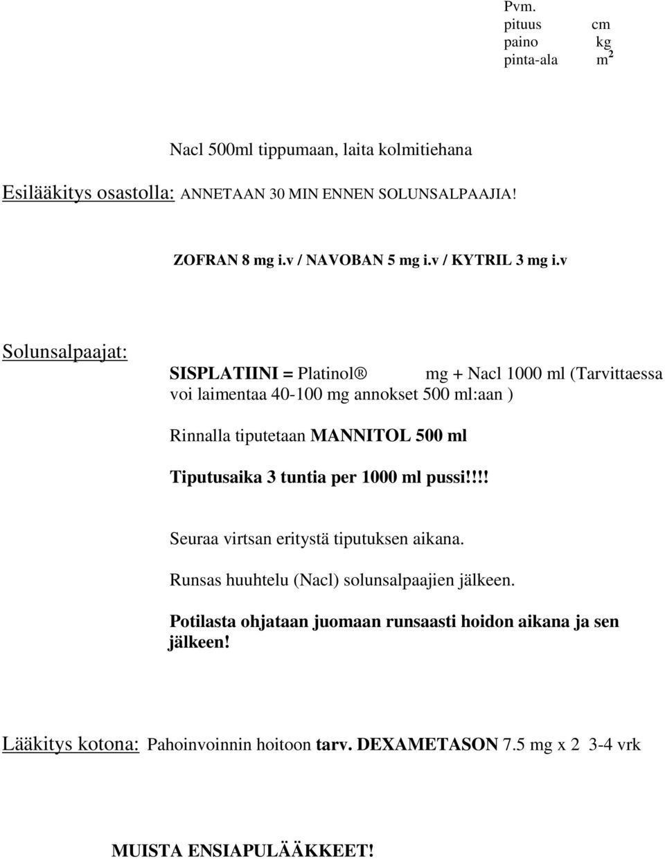 v SISPLATIINI = Platinol mg + Nacl 1000 ml (Tarvittaessa voi laimentaa 40-100 mg annokset 500 ml:aan ) Rinnalla tiputetaan MANNITOL 500 ml