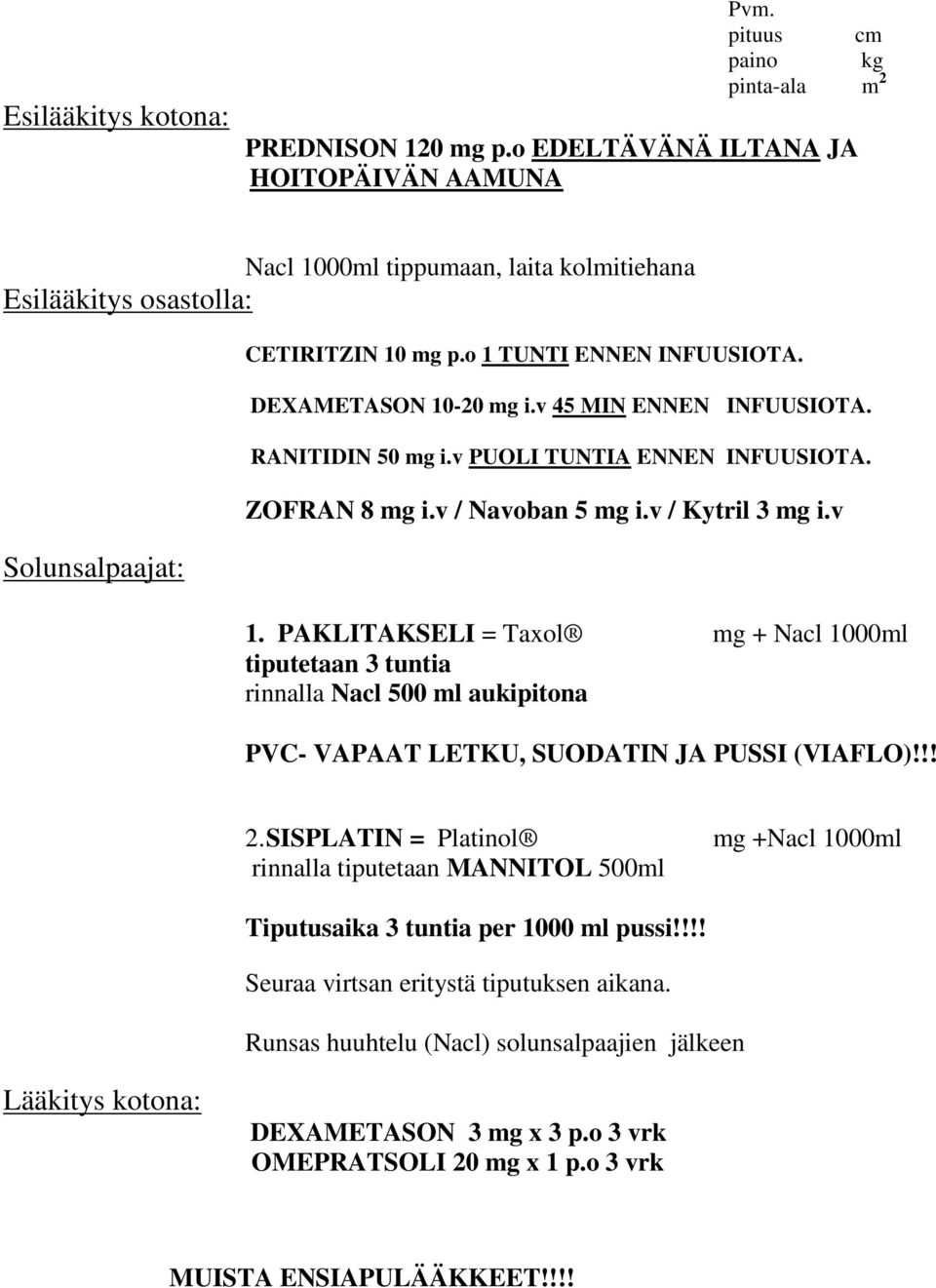 PAKLITAKSELI = Taxol mg + Nacl 1000ml tiputetaan 3 tuntia rinnalla Nacl 500 ml aukipitona PVC- VAPAAT LETKU, SUODATIN JA PUSSI (VIAFLO)!!! 2.