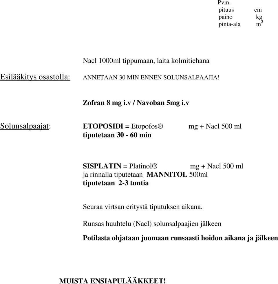 v ETOPOSIDI = Etopofos mg + Nacl 500 ml tiputetaan 30-60 min SISPLATIN = Platinol mg + Nacl 500 ml ja rinnalla