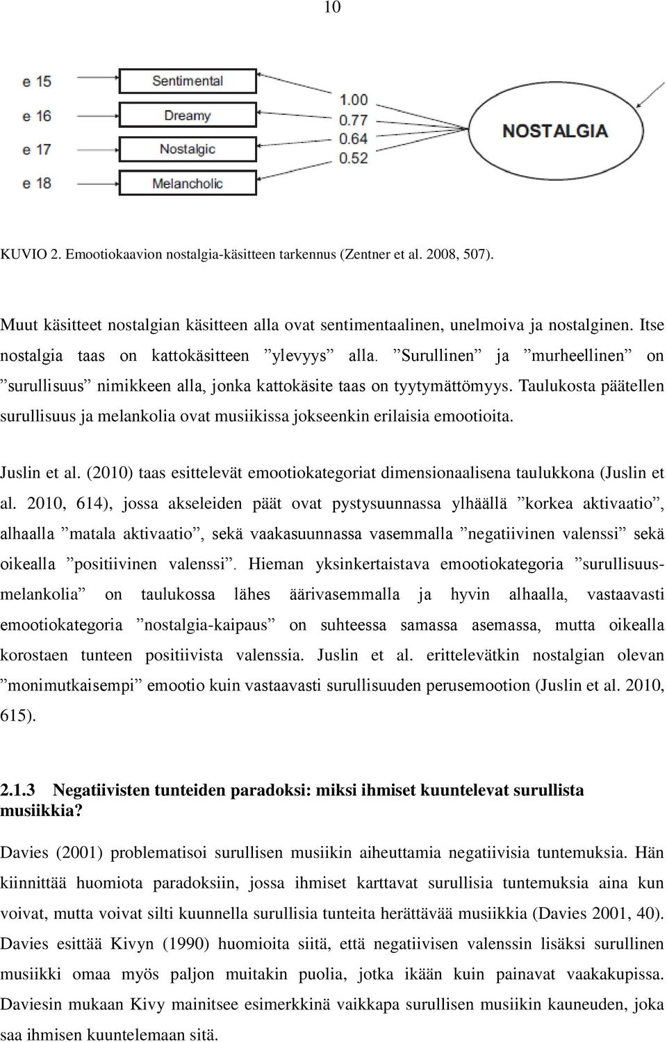 Taulukosta päätellen surullisuus ja melankolia ovat musiikissa jokseenkin erilaisia emootioita. Juslin et al. (2010) taas esittelevät emootiokategoriat dimensionaalisena taulukkona (Juslin et al.