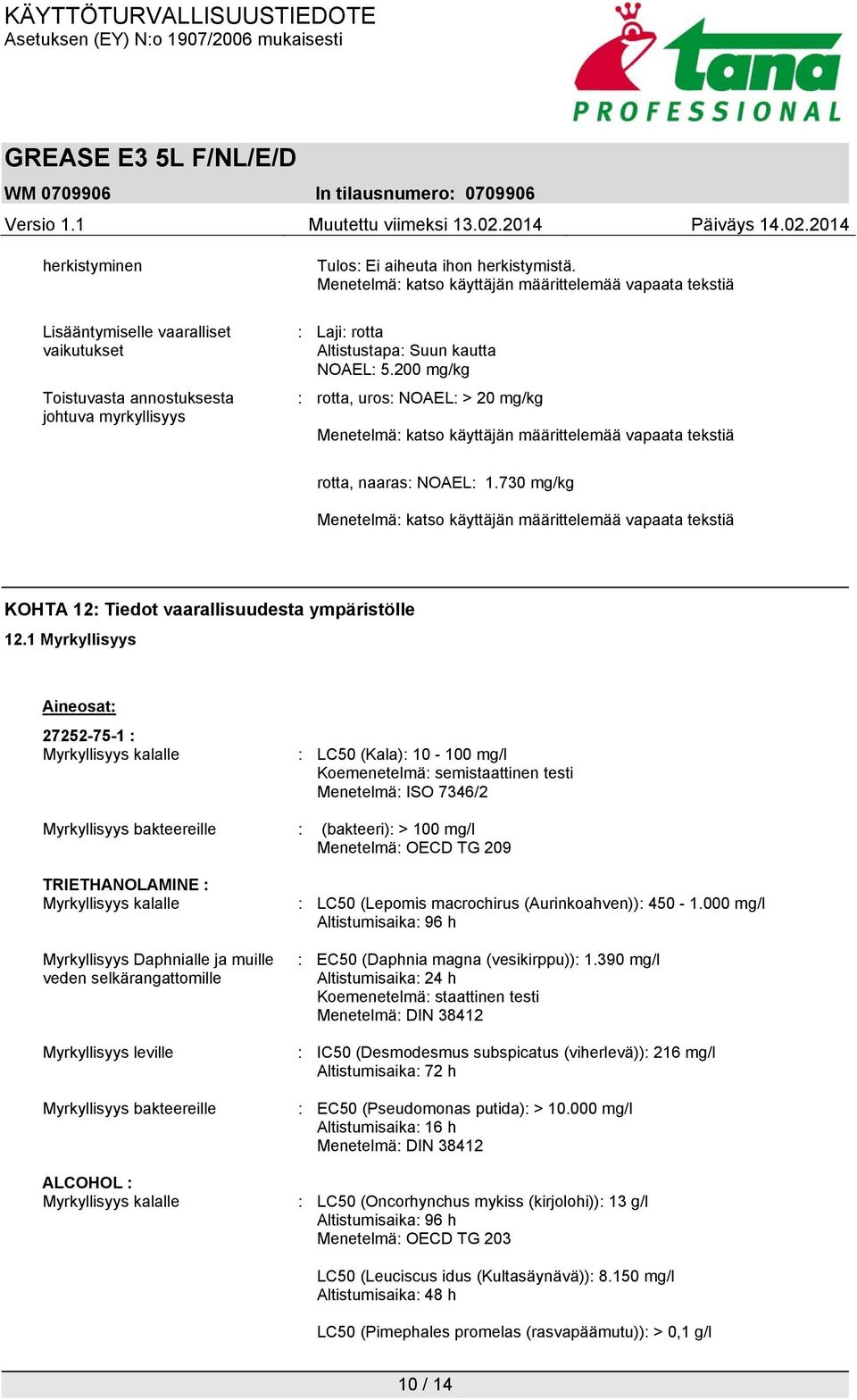 200 mg/kg : rotta, uros: NOAEL: > 20 mg/kg Menetelmä: katso käyttäjän määrittelemää vapaata tekstiä rotta, naaras: NOAEL: 1.