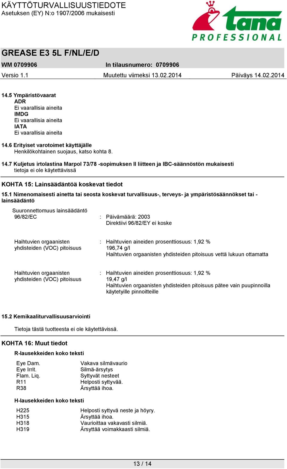 Haihtuvien orgaanisten yhdisteiden (VOC) pitoisuus : Haihtuvien aineiden prosenttiosuus: 1,92 % 196,74 g/l Haihtuvien orgaanisten yhdisteiden pitoisuus vettä lukuun ottamatta Haihtuvien orgaanisten