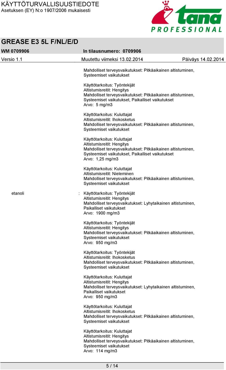 Paikalliset vaikutukset Arvo: 1900 mg/m3 Käyttötarkoitus: Työntekijät Altistumisreitit: Hengitys Arvo: 950 mg/m3 Käyttötarkoitus: Työntekijät Altistumisreitit: Ihokosketus