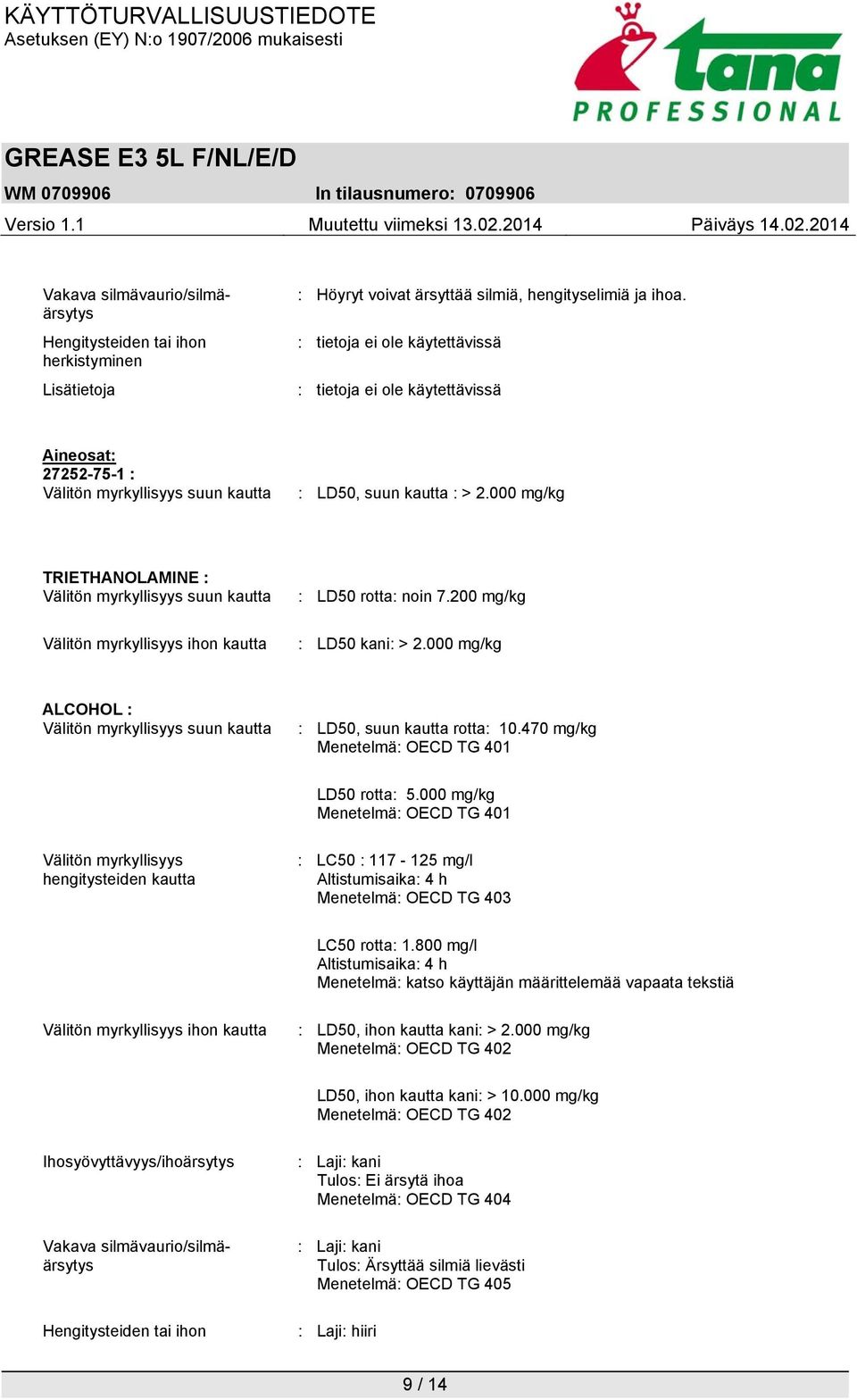 200 mg/kg : LD50 kani: > 2.000 mg/kg ALCOHOL : Välitön myrkyllisyys suun kautta : LD50, suun kautta rotta: 10.470 mg/kg Menetelmä: OECD TG 401 LD50 rotta: 5.