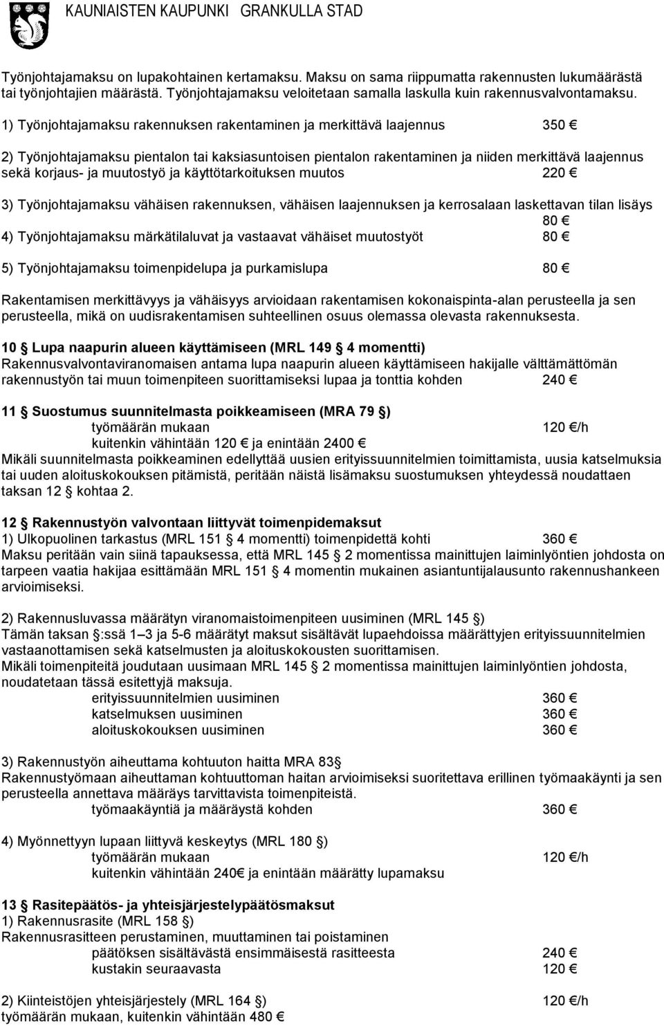 muutostyö ja käyttötarkoituksen muutos 220 3) Työnjohtajamaksu vähäisen rakennuksen, vähäisen laajennuksen ja kerrosalaan laskettavan tilan lisäys 80 4) Työnjohtajamaksu märkätilaluvat ja vastaavat