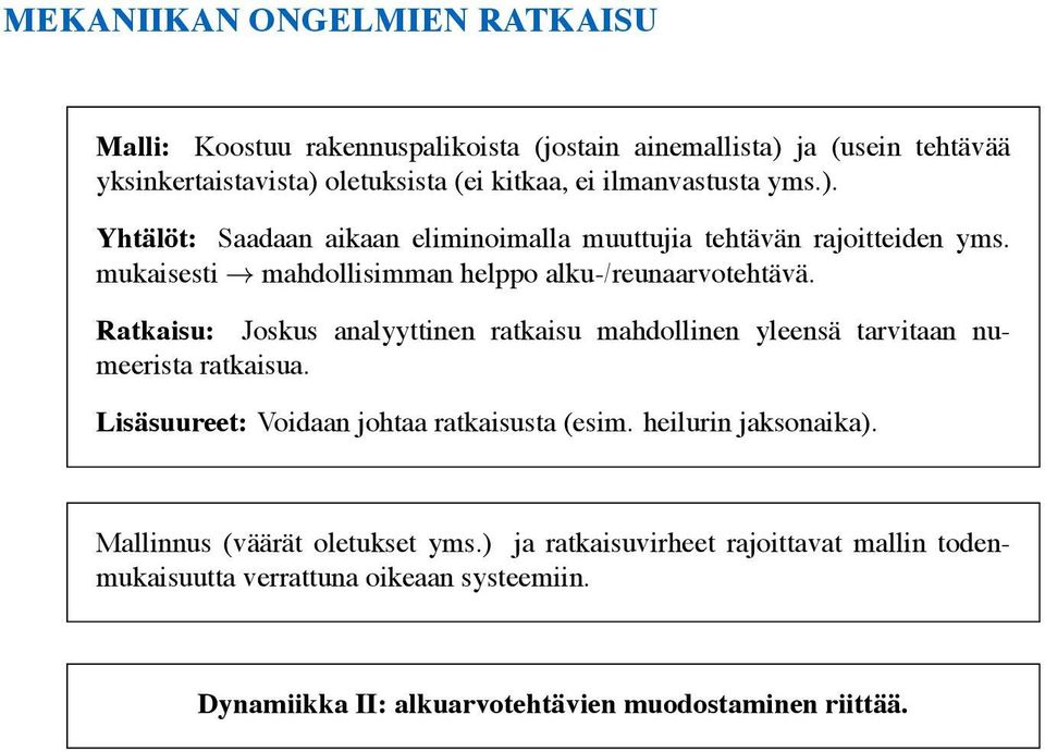 Ratkaisu: Joskus analyyttinen ratkaisu mahdollinen yleensä tarvitaan numeerista ratkaisua. Lisäsuureet: Voidaan johtaa ratkaisusta (esim. heilurin jaksonaika).