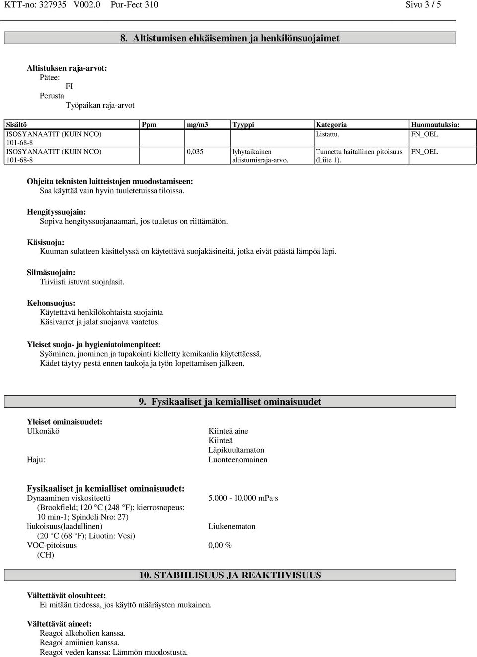 FN_OEL ISOSYANAATIT (KUIN NCO) 0,035 lyhytaikainen altistumisraja-arvo. Tunnettu haitallinen pitoisuus (Liite 1).