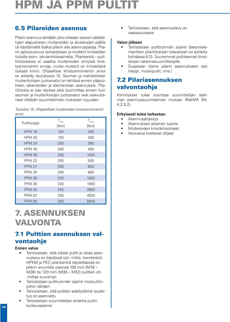 Pilarikenkä pulttiliitoksessa ei vaadita muttereiden erityisiä kiristysmomentin arvoja, mutta mutterit on kiristettävä tiukasti kiinni. Ohjeelliset kiristysmomentin arvot on esitetty taulukossa 15.