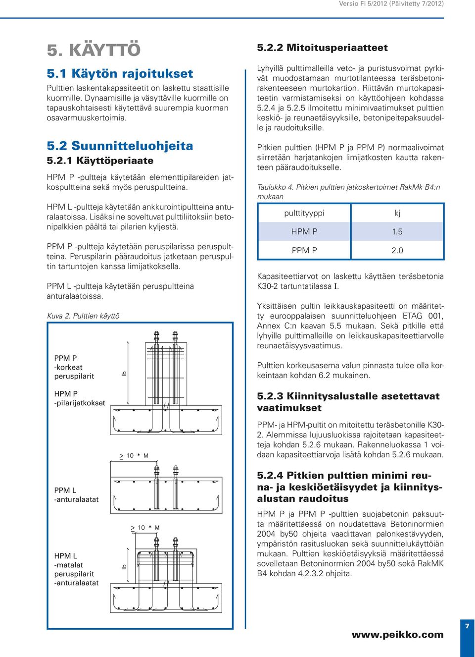 Suunnitteluohjeita 5.2.1 Käyttöperiaate HPM P -pultteja käytetään elementtipilareiden jatkospultteina sekä myös peruspultteina. HPM L -pultteja käytetään ankkurointipultteina anturalaatoissa.