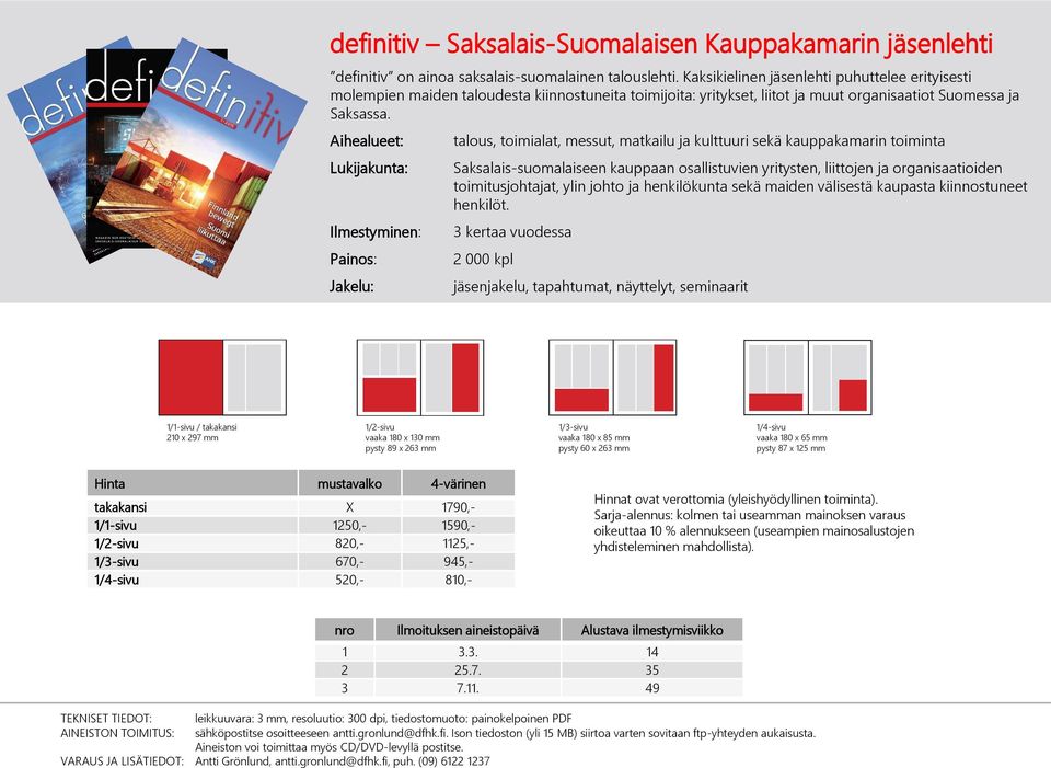 Aihealueet: Lukijakunta: Ilmestyminen: Painos: Jakelu: talous, toimialat, messut, matkailu ja kulttuuri sekä kauppakamarin toiminta Saksalais-suomalaiseen kauppaan osallistuvien yritysten, liittojen