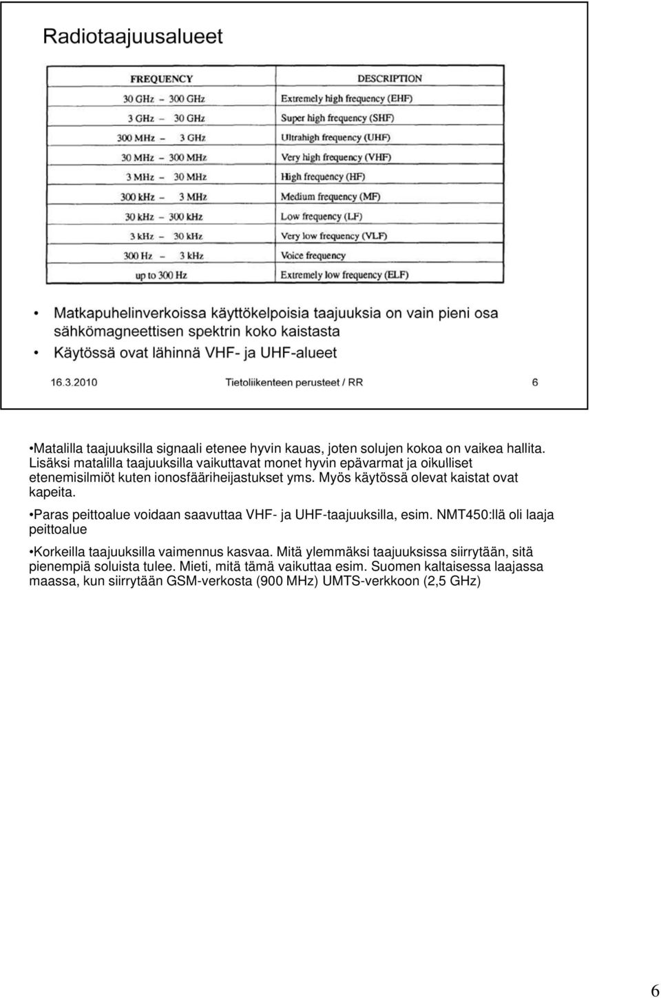 Myös käytössä olevat kaistat ovat kapeita. Paras peittoalue voidaan saavuttaa VHF- ja UHF-taajuuksilla, esim.