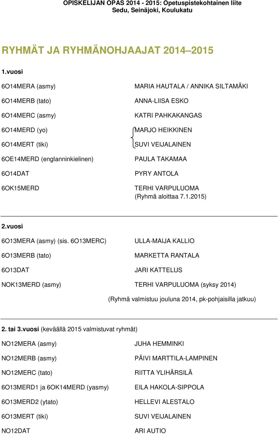 MARJO HEIKKINEN SUVI VEIJALAINEN PAULA TAKAMAA PYRY ANTOLA TERHI VARPULUOMA (Ryhmä aloittaa 7.1.2015) 2.vuosi 6O13MERA (asmy) (sis.