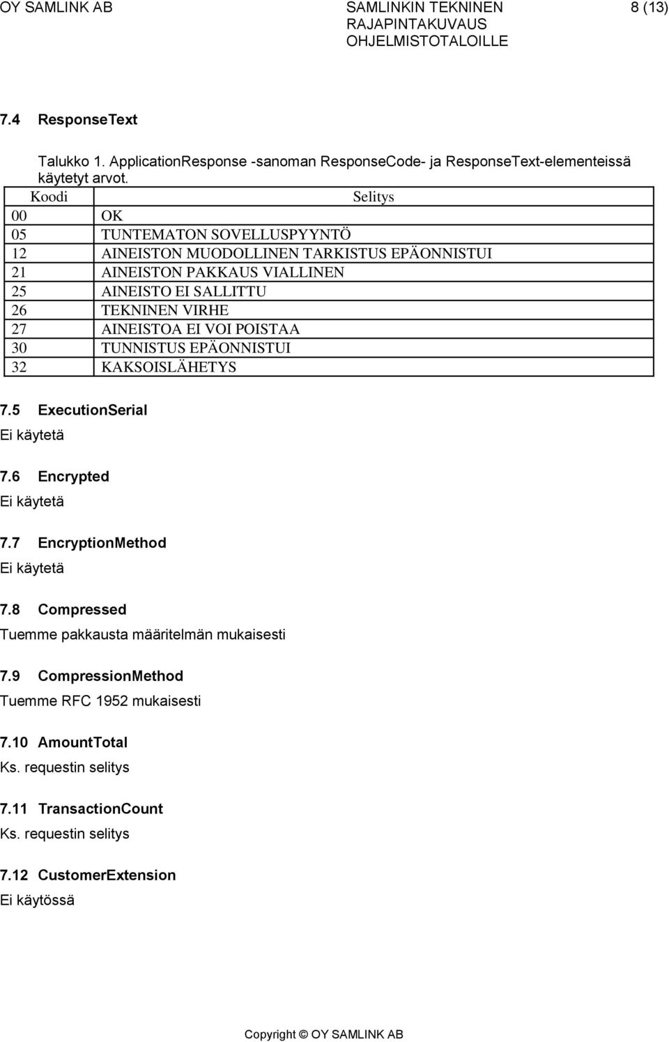 VIRHE 27 AINEISTOA EI VOI POISTAA 30 TUNNISTUS EPÄONNISTUI 32 KAKSOISLÄHETYS 7.5 ExecutionSerial Ei käytetä 7.6 Encrypted Ei käytetä 7.7 EncryptionMethod Ei käytetä 7.