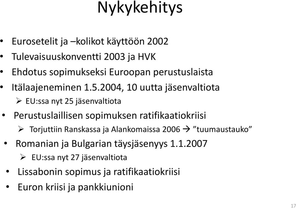 2004, 10 uutta jäsenvaltiota EU:ssa nyt 25 jäsenvaltiota Perustuslaillisen sopimuksen ratifikaatiokriisi