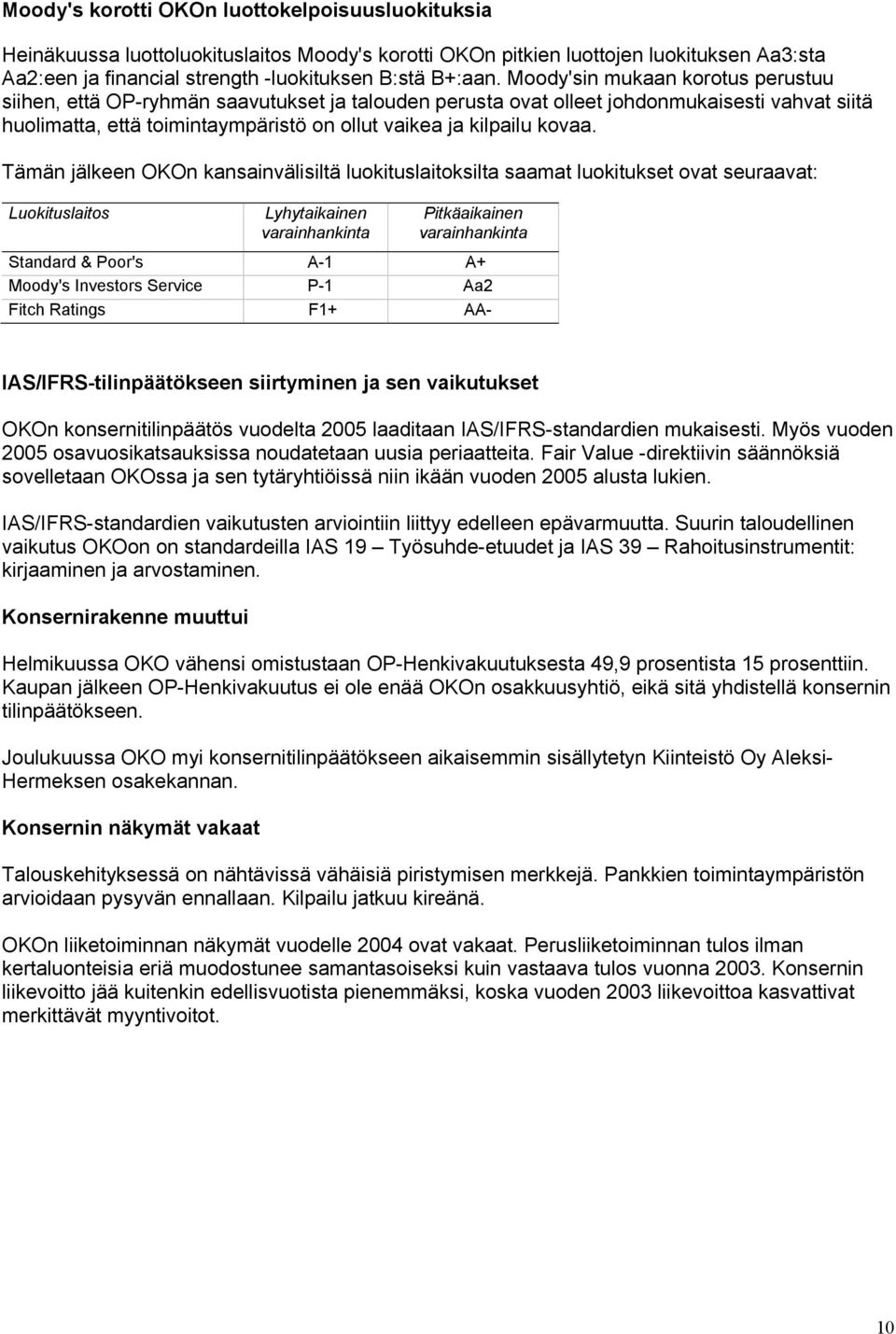 Tämän jälkeen OKOn kansainvälisiltä luokituslaitoksilta saamat luokitukset ovat seuraavat: Luokituslaitos Lyhytaikainen varainhankinta Pitkäaikainen varainhankinta Standard & Poor's A-1 A+ Moody's