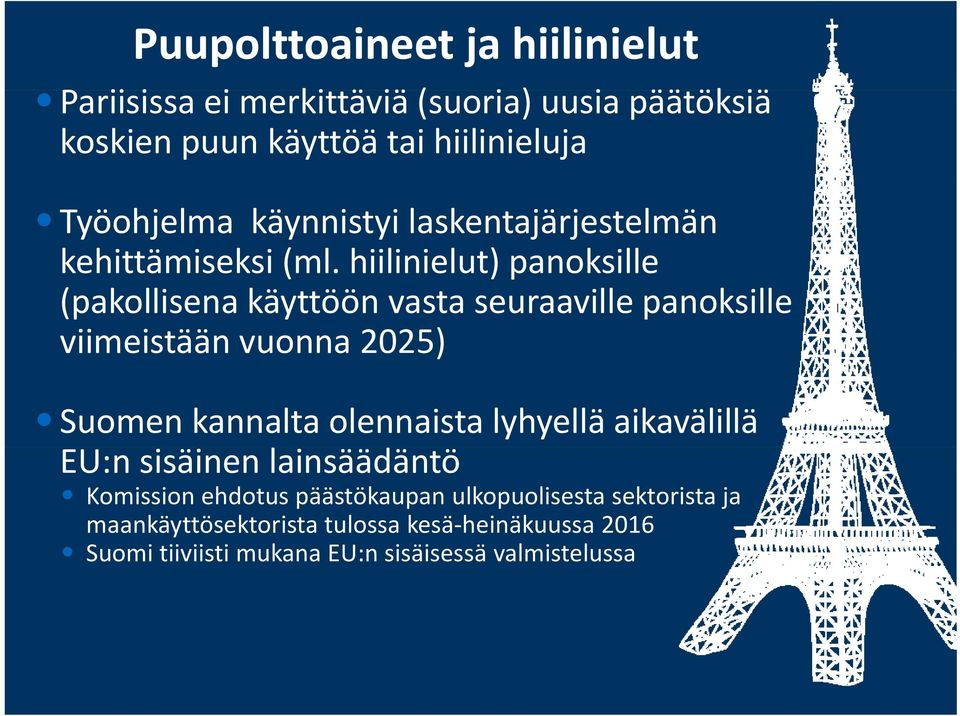 hiilinielut) panoksille (pakollisena käyttöön vasta seuraaville panoksille viimeistään vuonna 2025) Suomen kannalta olennaista