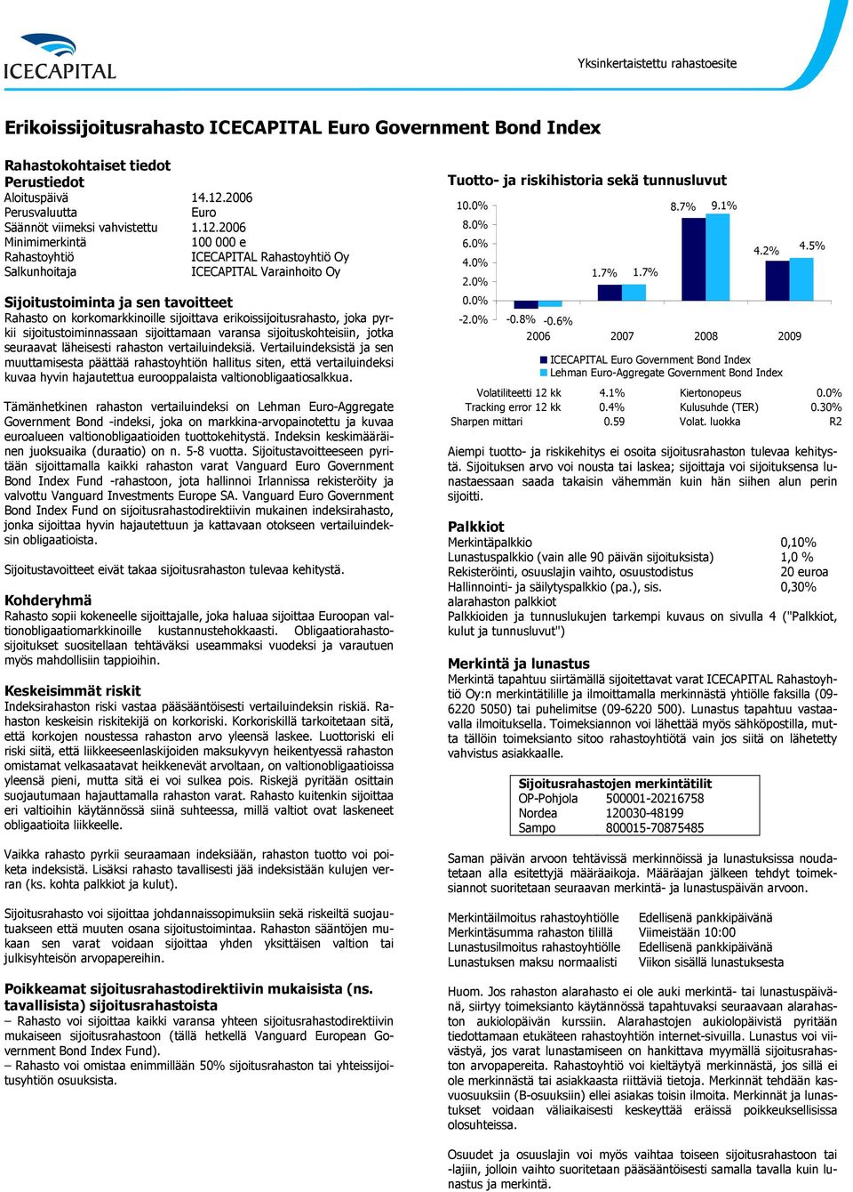 2006 100 000 e Sijoitustoiminta ja sen tavoitteet Rahasto on korkomarkkinoille sijoittava erikoissijoitusrahasto, joka pyrkii sijoitustoiminnassaan sijoittamaan varansa sijoituskohteisiin, jotka