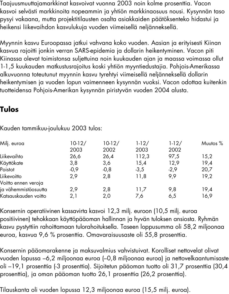 Myynnin kasvu Euroopassa jatkui vahvana koko vuoden. Aasian ja erityisesti Kiinan kasvua rajoitti jonkin verran SARS-epidemia ja dollarin heikentyminen.