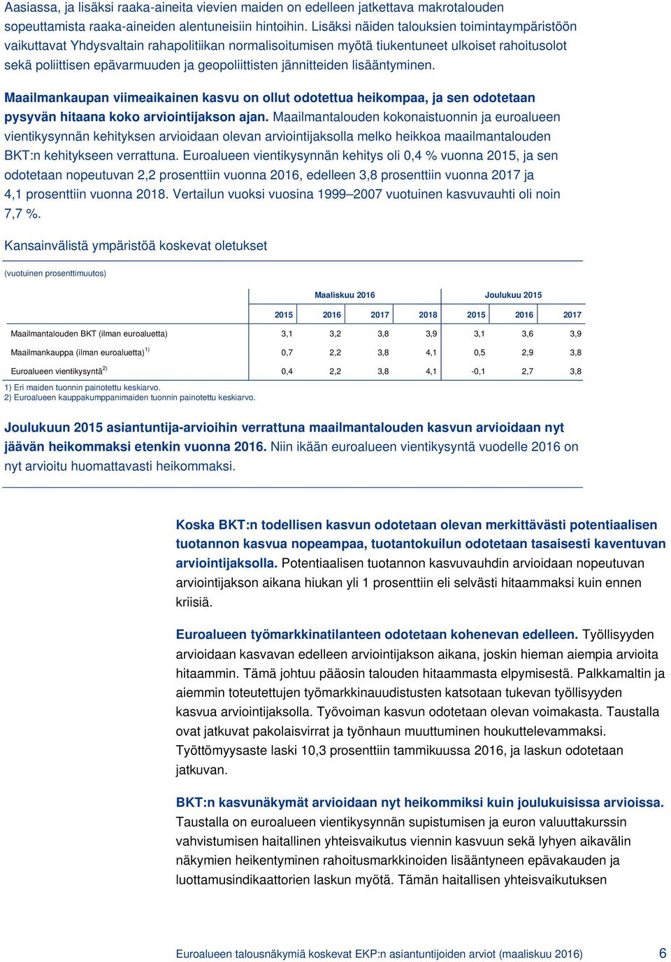 jännitteiden lisääntyminen. Maailmankaupan viimeaikainen kasvu on ollut odotettua heikompaa, ja sen odotetaan pysyvän hitaana koko arviointijakson ajan.