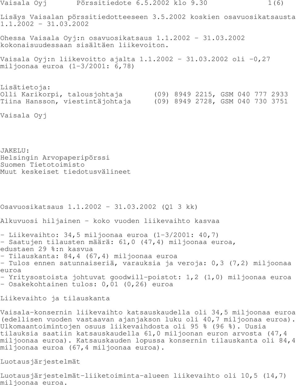 2002 oli -0,27 miljoonaa euroa (1-3/2001: 6,78) Lisätietoja: Olli Karikorpi, talousjohtaja (09) 8949 2215, GSM 040 777 2933 Tiina Hansson, viestintäjohtaja (09) 8949 2728, GSM 040 730 3751 Vaisala