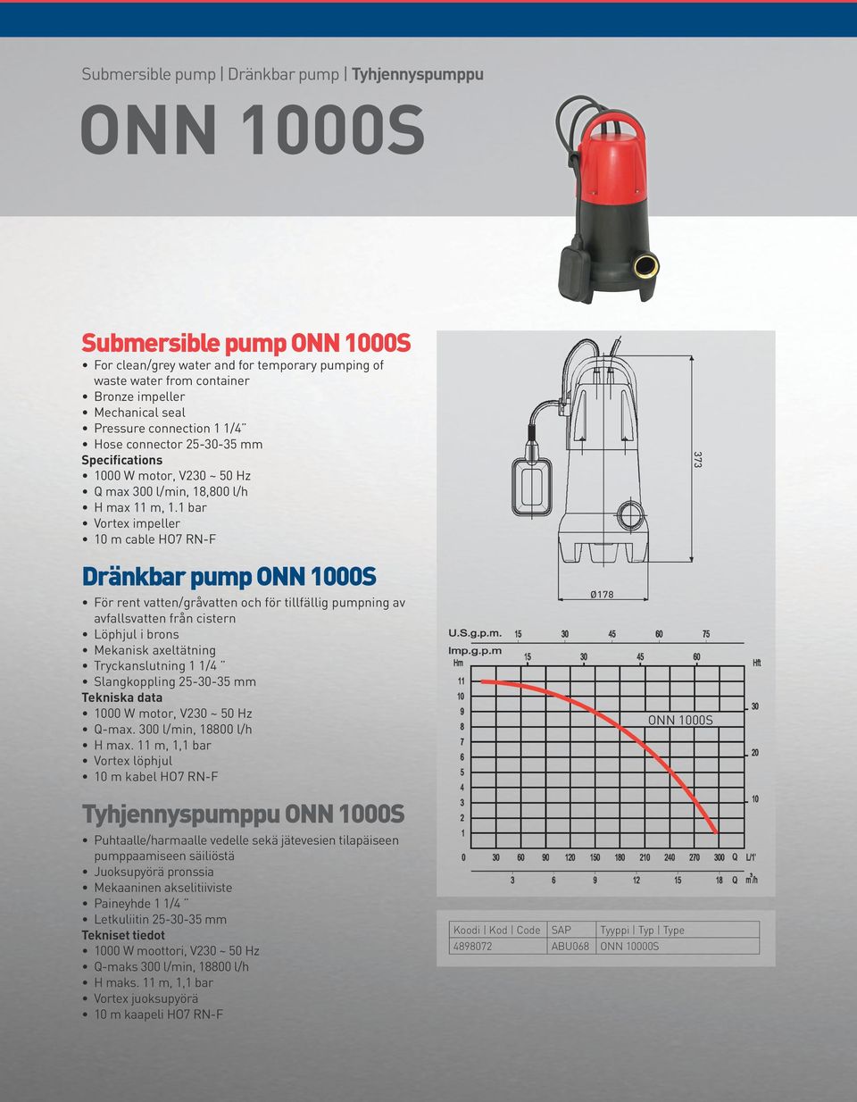 1 bar Vortex impeller 10 m cable HO7 RN-F Dränkbar pump ONN 1000S För rent vatten/gråvatten och för tillfällig pumpning av avfallsvatten från cistern Löphjul i brons Mekanisk axeltätning