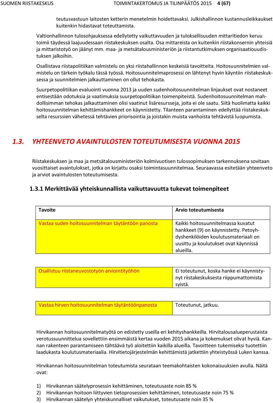 Osa mittareista on kuitenkin riistakonsernin yhteisiä ja mittaristotyö on jäänyt mm. maa- ja metsätalousministeriön ja riistantutkimuksen organisaatiouudistuksen jalkoihin.