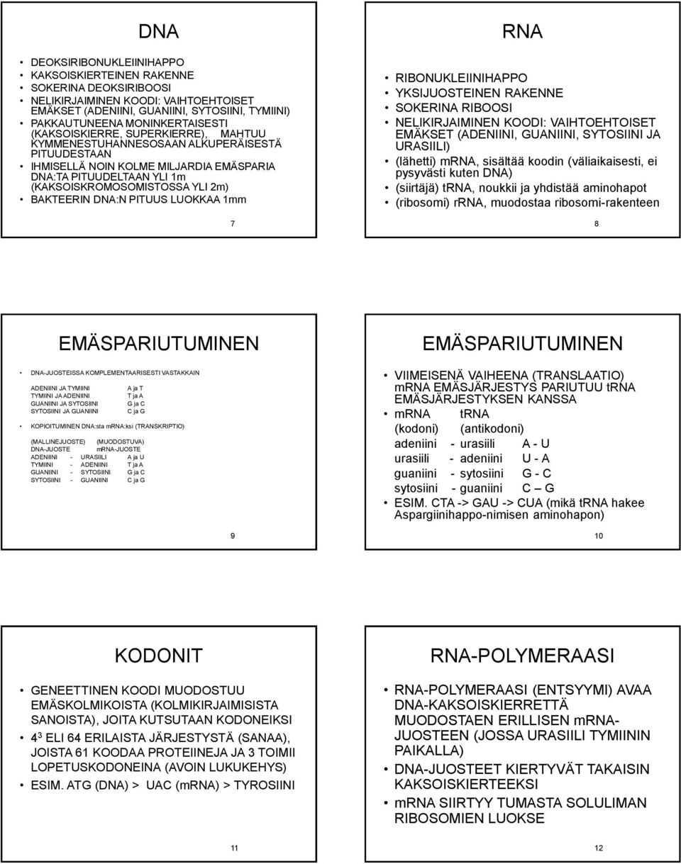 DNA:N PITUUS LUOKKAA 1mm 7 RIBONUKLEIINIHAPPO YKSIJUOSTEINEN RAKENNE SOKERINA RIBOOSI NELIKIRJAIMINEN KOODI: VAIHTOEHTOISET EMÄKSET (ADENIINI, GUANIINI, SYTOSIINI JA URASIILI) (lähetti) mrna,