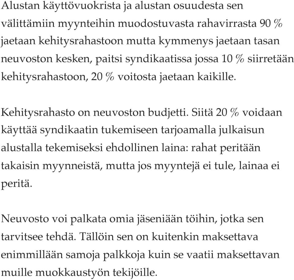 Siitä 20 % voidaan käyttää syndikaatin tukemiseen tarjoamalla julkaisun alustalla tekemiseksi ehdollinen laina: rahat peritään takaisin myynneistä, mutta jos myyntejä ei