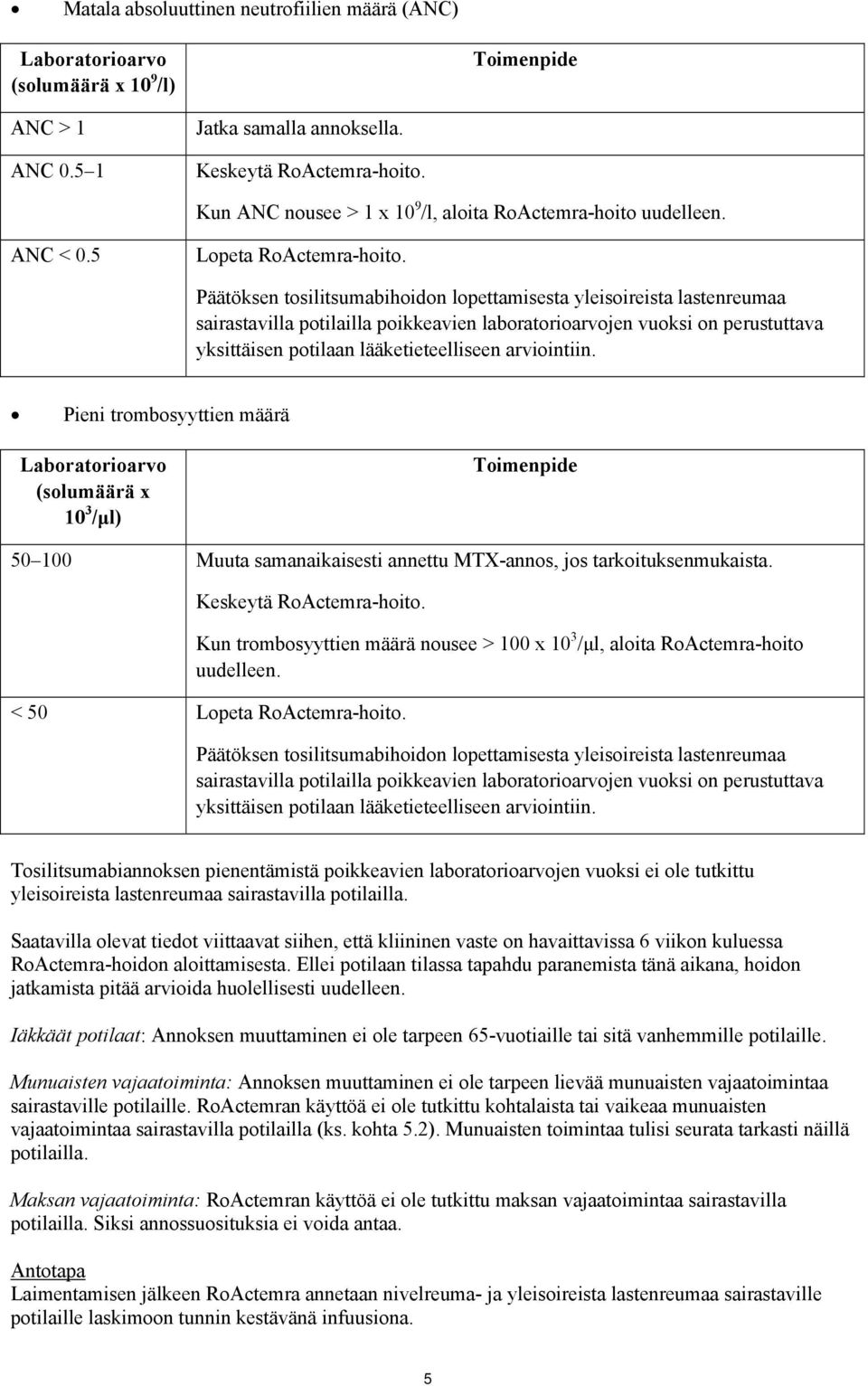 Päätöksen tosilitsumabihoidon lopettamisesta yleisoireista lastenreumaa sairastavilla potilailla poikkeavien laboratorioarvojen vuoksi on perustuttava yksittäisen potilaan lääketieteelliseen