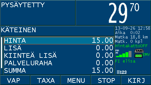 Taksavalinta Paina pikavalintanäppäintä <TAXA> jonka jälkeen voit valita jonkin allaolevista toimintatavoista. Valitse taksa pikanäppäimillä. Valitse käytettävä taksa nuolinäppäimillä ja paina <OK>.