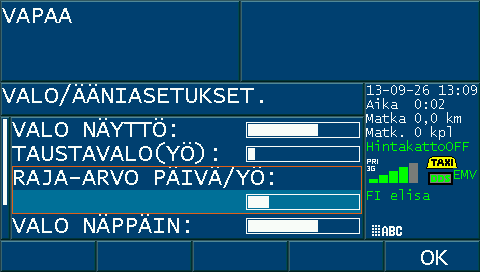 Huoltoajo Ajovuoron ulkopuolella ajettavan huoltoajon kirjaamiseksi käytä KULJETTAJA > HUOLTO-TILA PÄÄLLE/POIS toimintoa. Vahvista toiminto päälle tai pois painamalla <OK>.