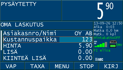 Numeroiden ja kirjainten syöttö Siirry muokattavalle riville. Muokattavissa oleva rivi näkyy vaaleansinistä taustaa vasten. Täydennä riville tietoa numeroina tai tekstimuodossa.