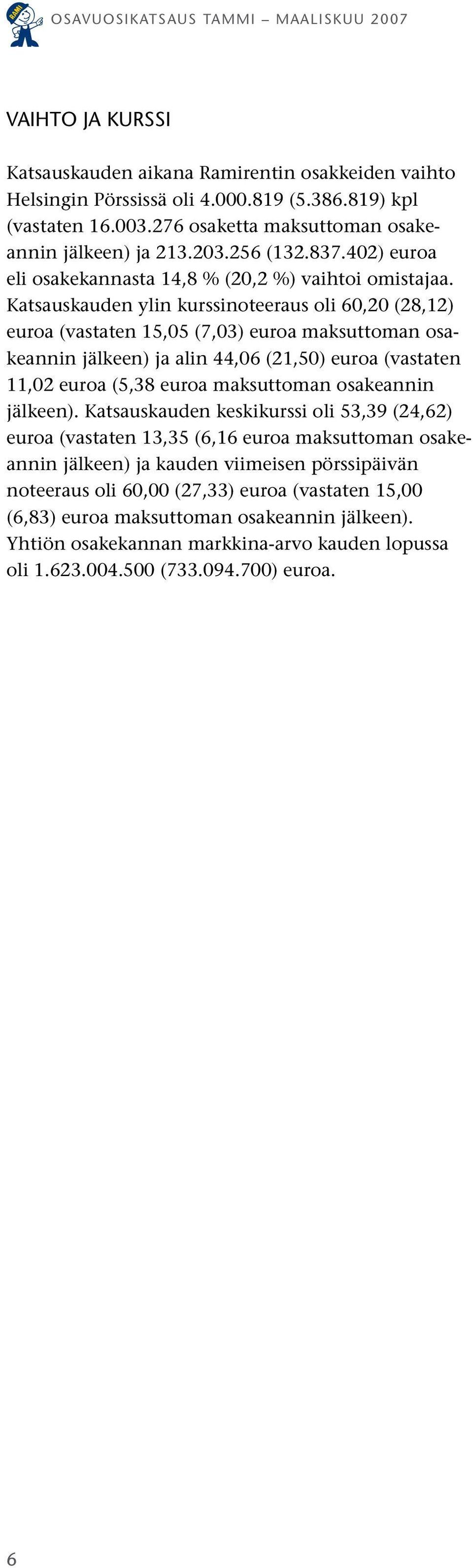 Katsauskauden ylin kurssinoteeraus oli 60,20 (28,12) euroa (vastaten 15,05 (7,03) euroa maksuttoman osakeannin jälkeen) ja alin 44,06 (21,50) euroa (vastaten 11,02 euroa (5,38 euroa maksuttoman