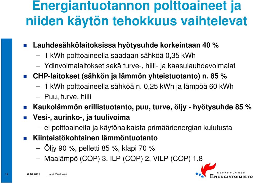 0,25 kwh ja lämpöä 60 kwh Puu, turve, hiili Kaukolämmön erillistuotanto, puu, turve, öljy - hyötysuhde 85 % Vesi-, aurinko-, ja tuulivoima ei polttoaineita ja