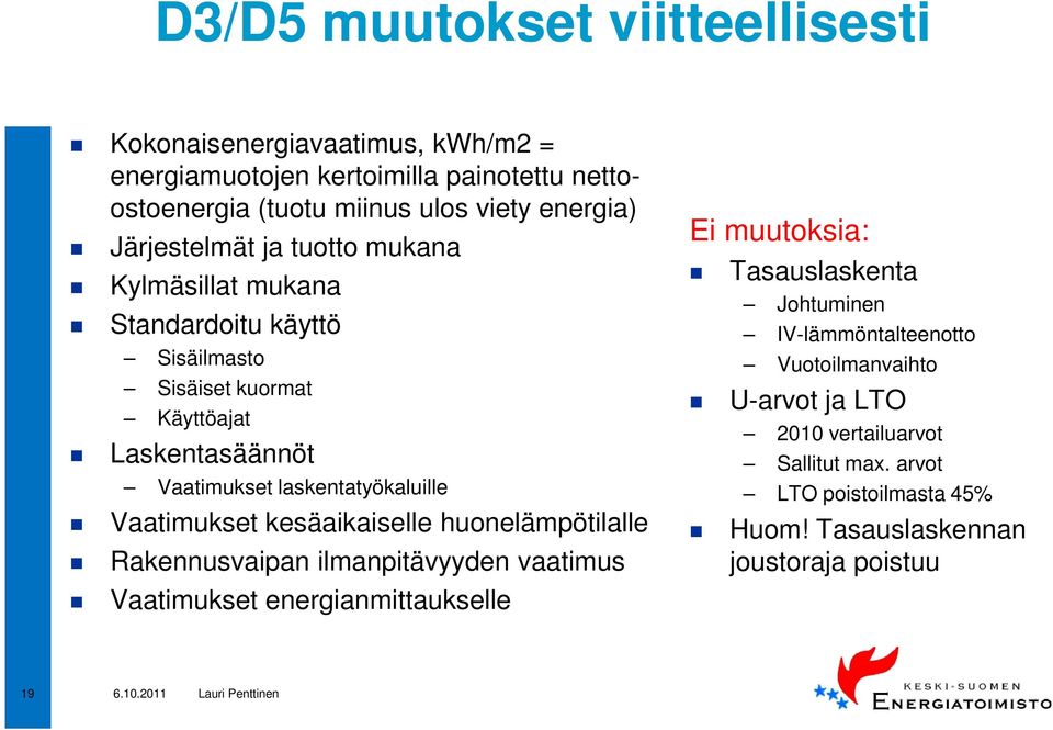 Vaatimukset kesäaikaiselle huonelämpötilalle Rakennusvaipan ilmanpitävyyden vaatimus Vaatimukset energianmittaukselle Ei muutoksia: Tasauslaskenta