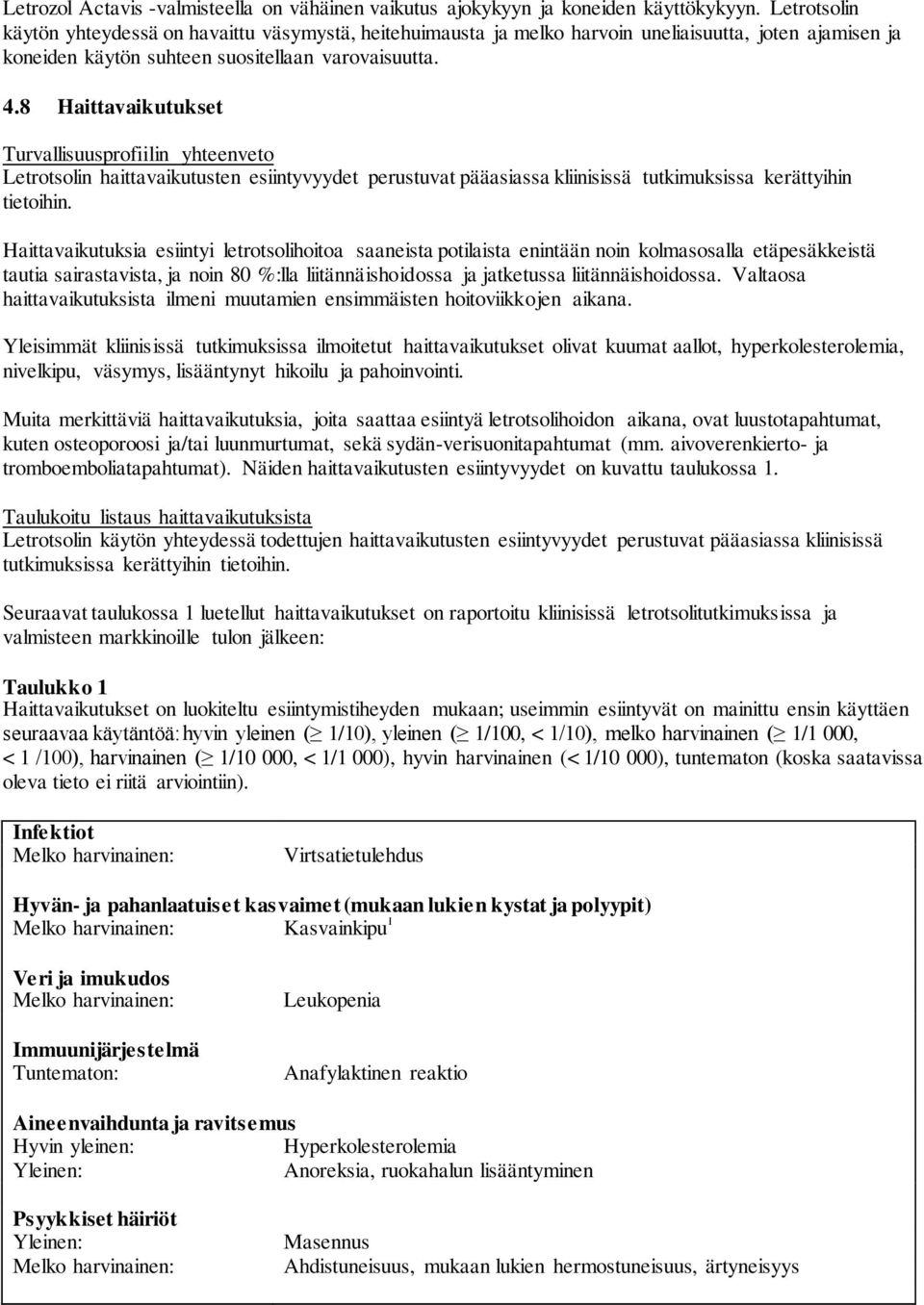 8 Haittavaikutukset Turvallisuusprofiilin yhteenveto Letrotsolin haittavaikutusten esiintyvyydet perustuvat pääasiassa kliinisissä tutkimuksissa kerättyihin tietoihin.