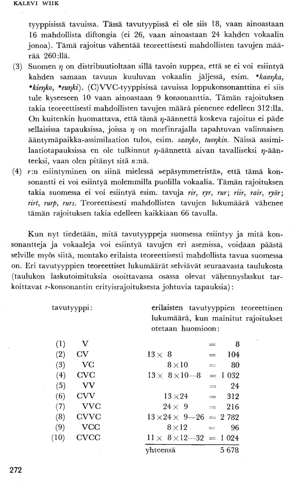 (3) Suomen r\ on distribuutioltaan sillä tavoin suppea, että se ei voi esiintyä kahden samaan tavuun kuuluvan vokaalin jäljessä, esim. *kaarjka, *kierjko, *eurjki).