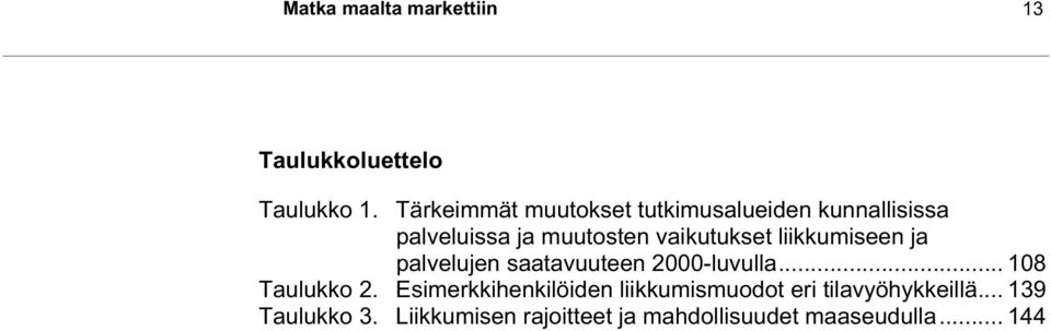 liikkumiseen ja palvelujen saatavuuteen 2000-luvulla... 108 Taulukko 2.